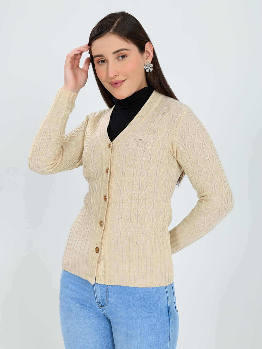 Women Beige Self Design V Neck Full Sleeve Cardigan