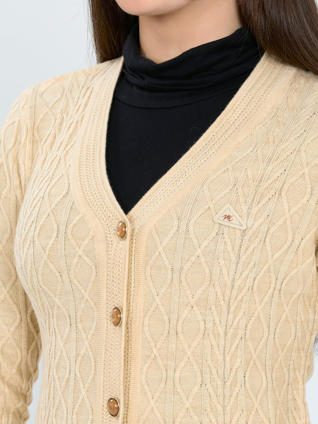 Women Beige Self Design V Neck Full Sleeve Cardigan
