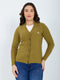 Women Olive Self Design V Neck Full Sleeve Cardigan