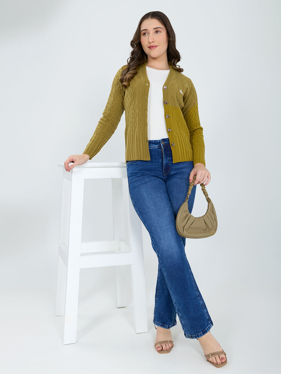 Women Olive Self Design V Neck Full Sleeve Cardigan