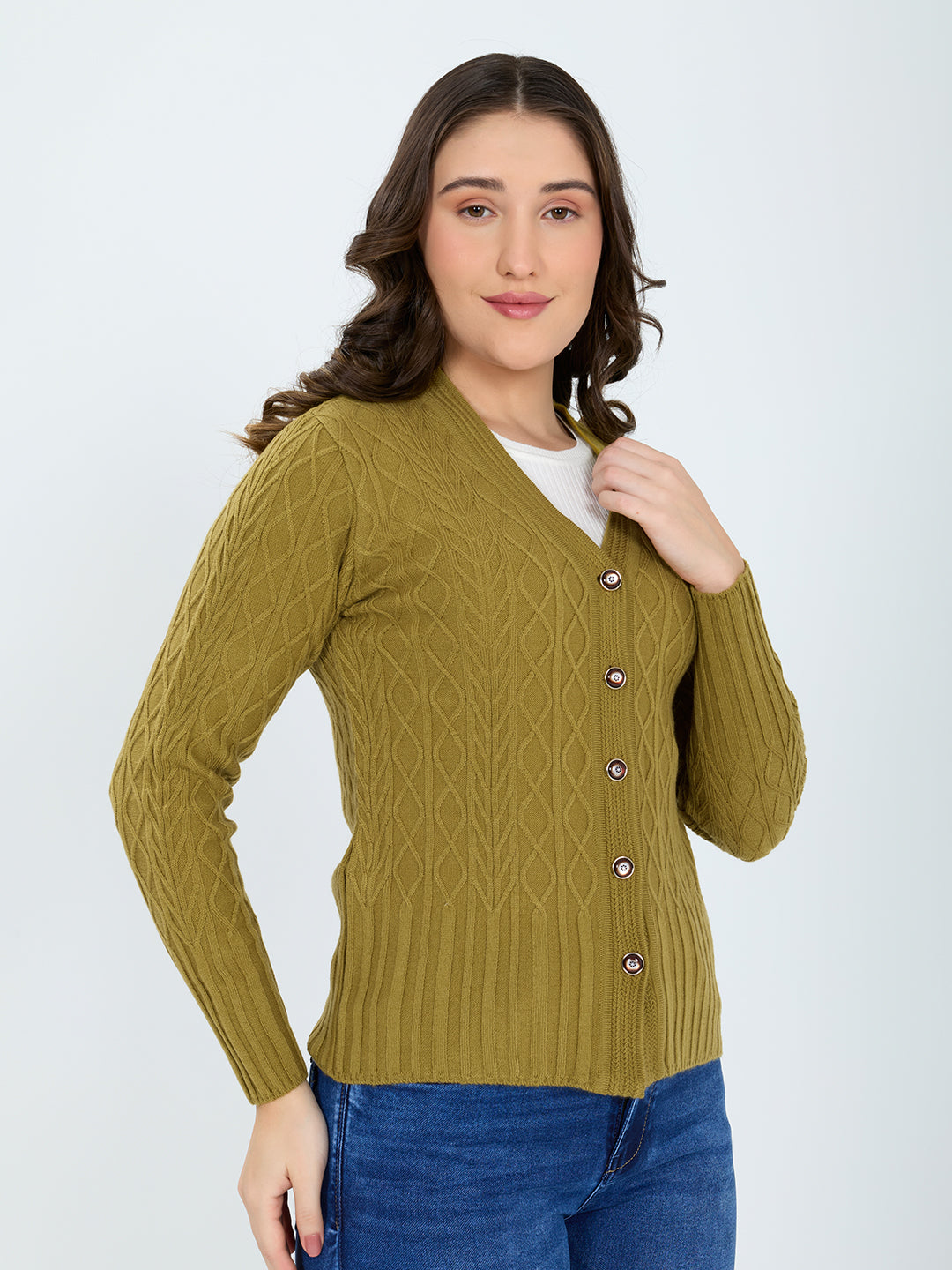 Women Olive Self Design V Neck Full Sleeve Cardigan