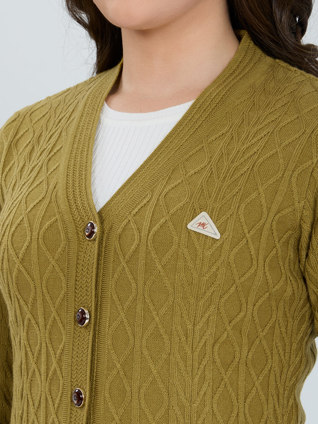 Women Olive Self Design V Neck Full Sleeve Cardigan
