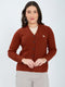 Women Red Self Design V Neck Full Sleeve Cardigan