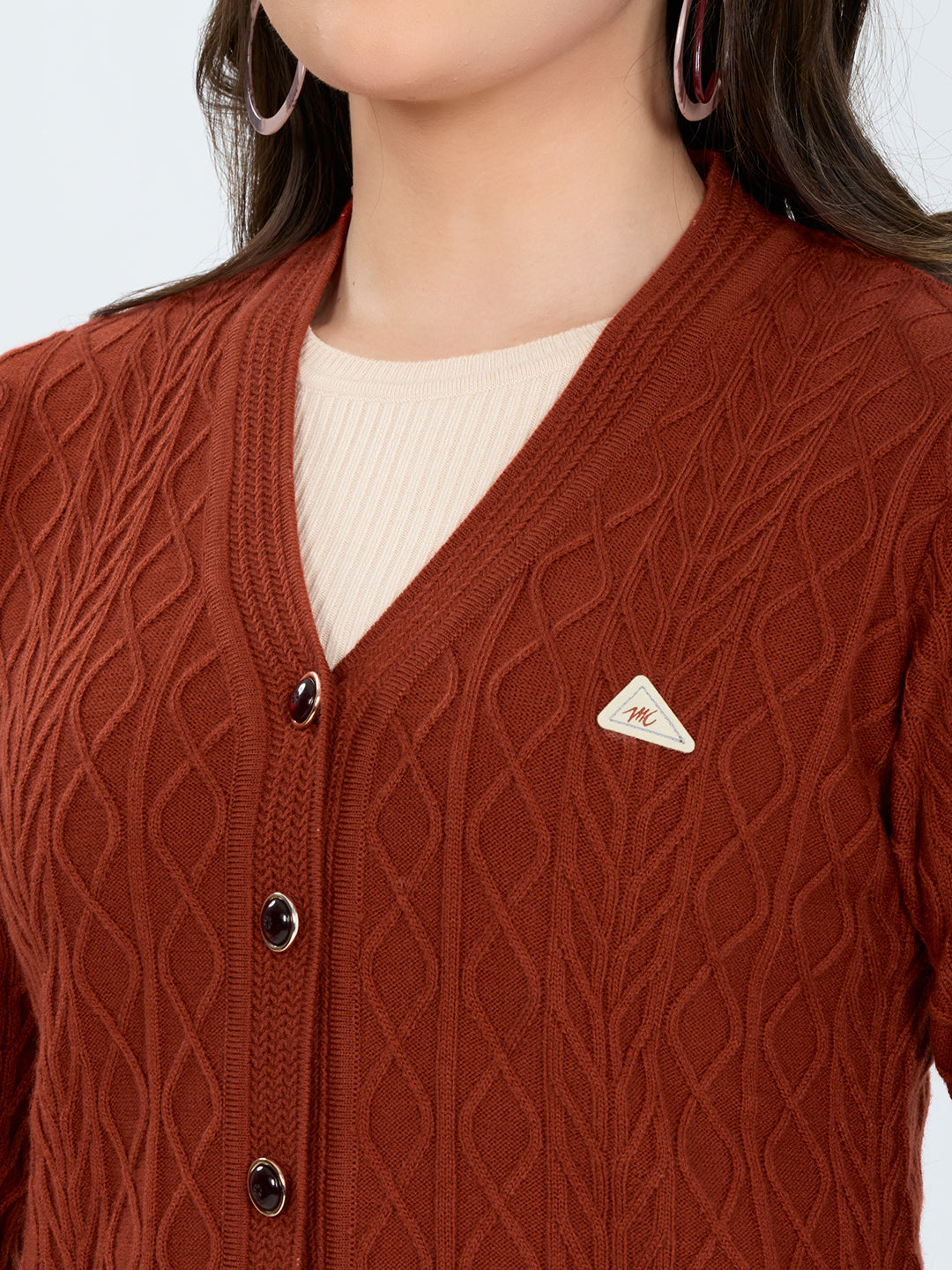 Women Red Self Design V Neck Full Sleeve Cardigan