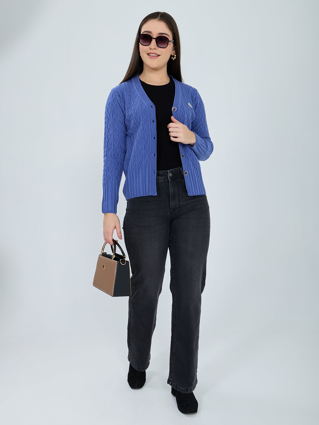 Women Blue Self Design V Neck Full Sleeve Cardigan