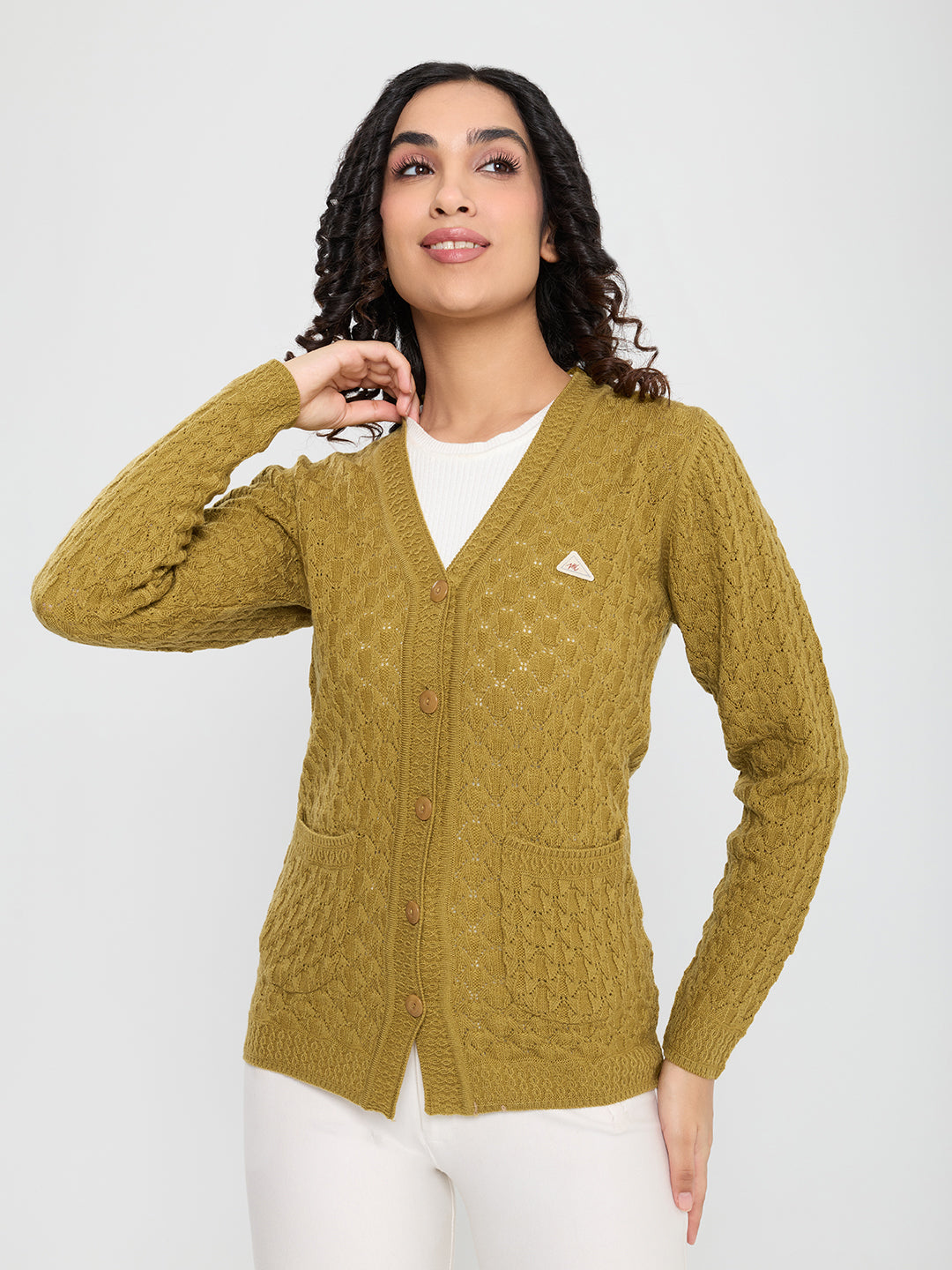 Women Mustard Self Design V Neck Full Sleeve Cardigan