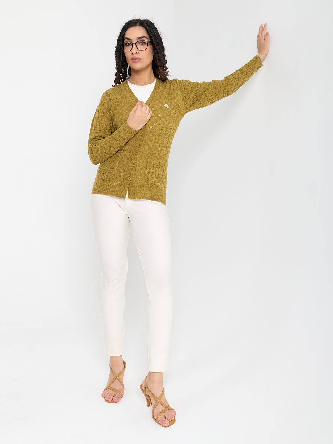 Women Mustard Self Design V Neck Full Sleeve Cardigan