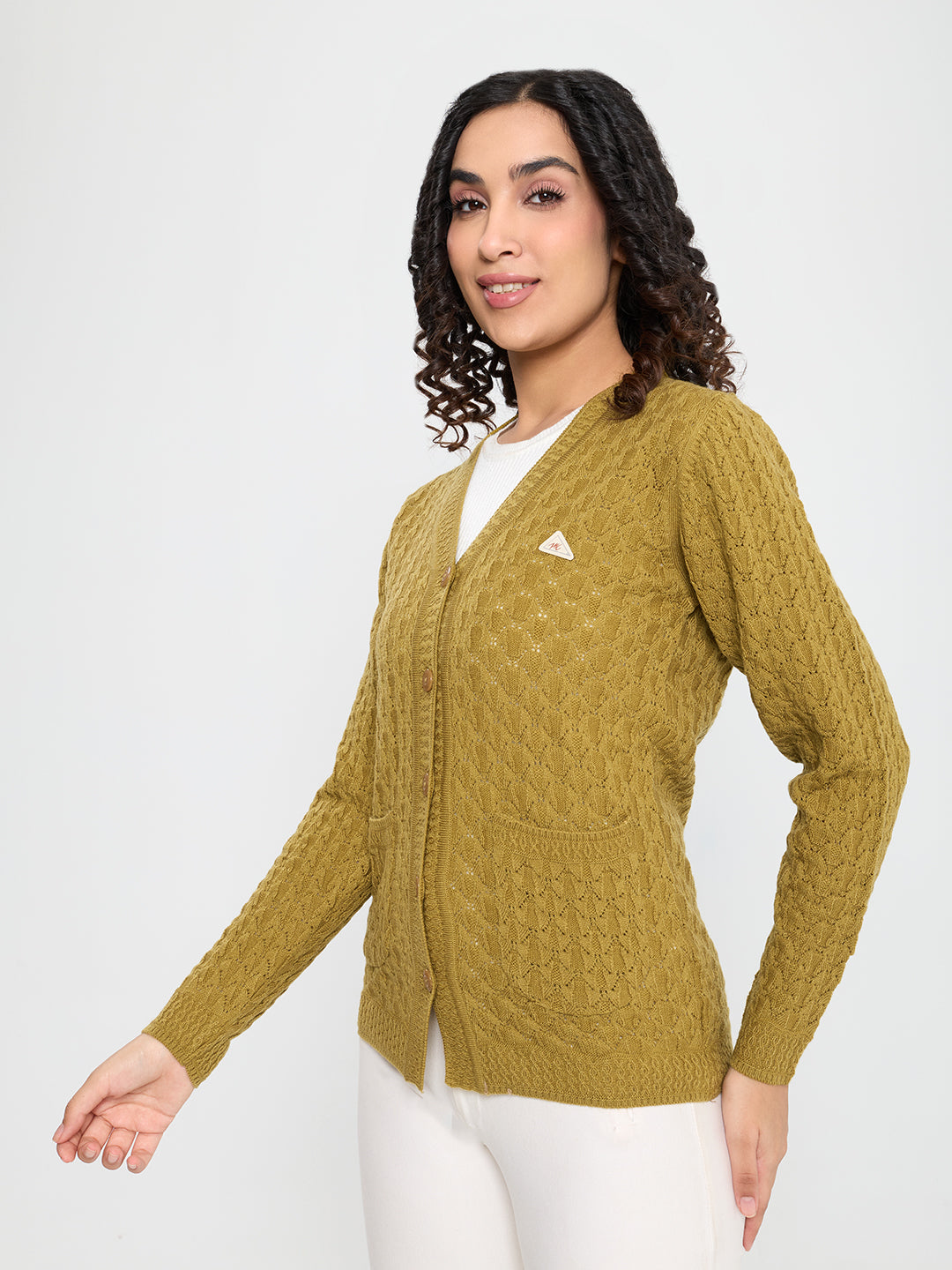 Women Mustard Self Design V Neck Full Sleeve Cardigan