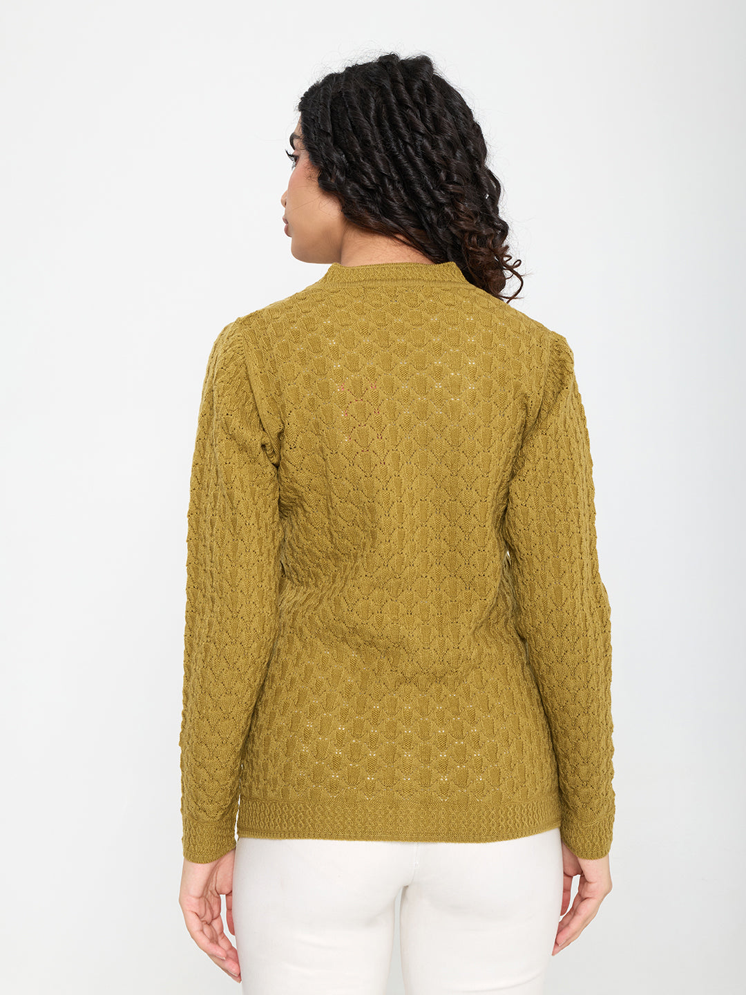 Women Mustard Self Design V Neck Full Sleeve Cardigan