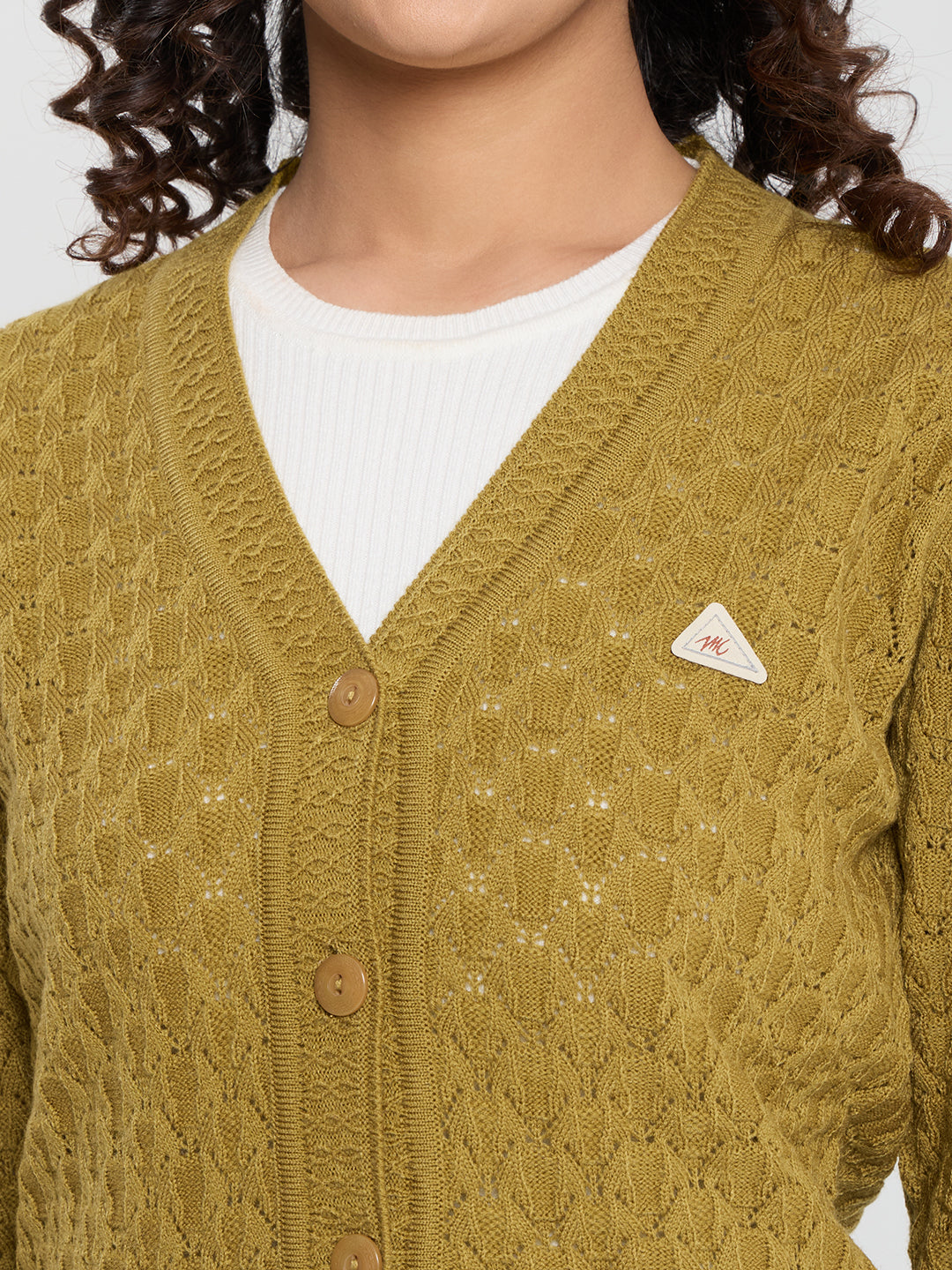 Women Mustard Self Design V Neck Full Sleeve Cardigan