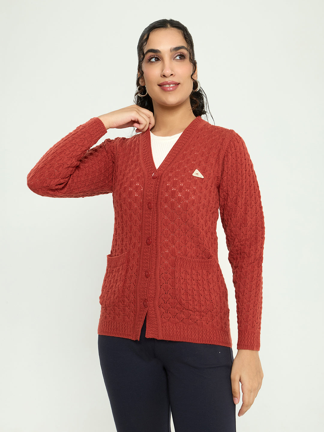 Women Rust Self Design V Neck Full Sleeve Cardigan