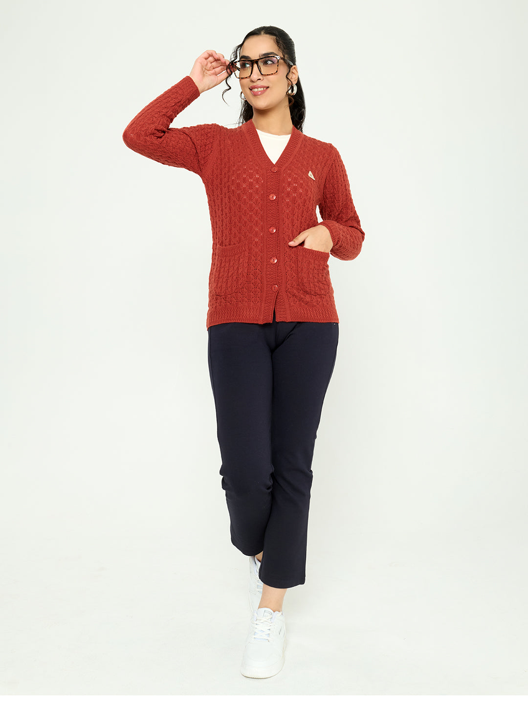 Women Rust Self Design V Neck Full Sleeve Cardigan