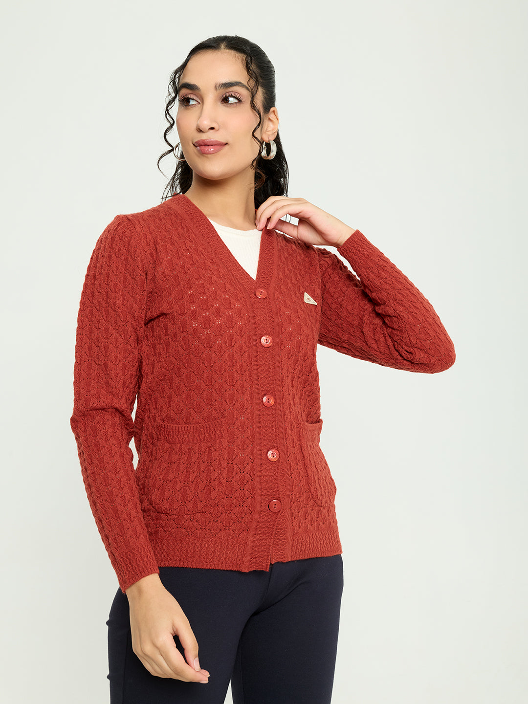 Women Rust Self Design V Neck Full Sleeve Cardigan