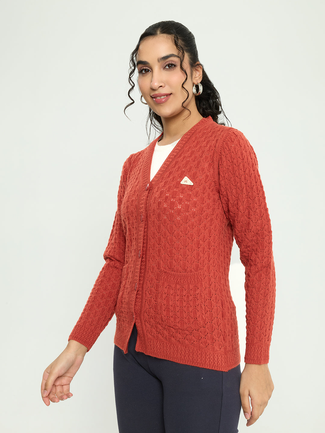 Women Rust Self Design V Neck Full Sleeve Cardigan