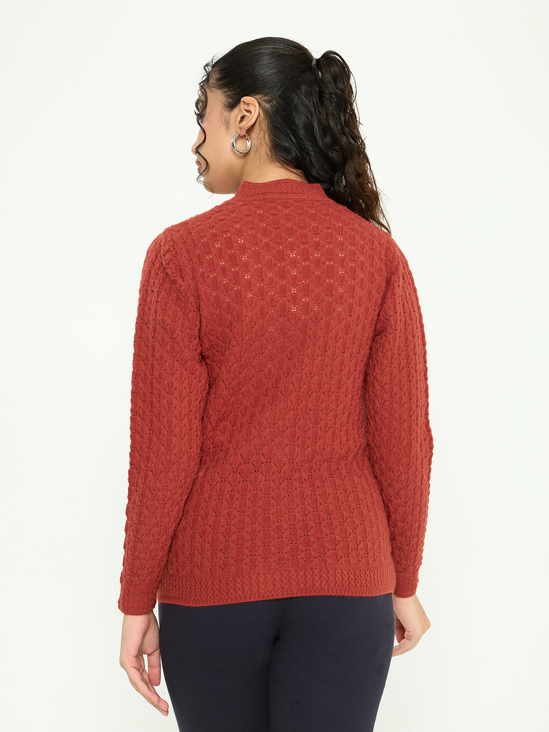Women Rust Self Design V Neck Full Sleeve Cardigan