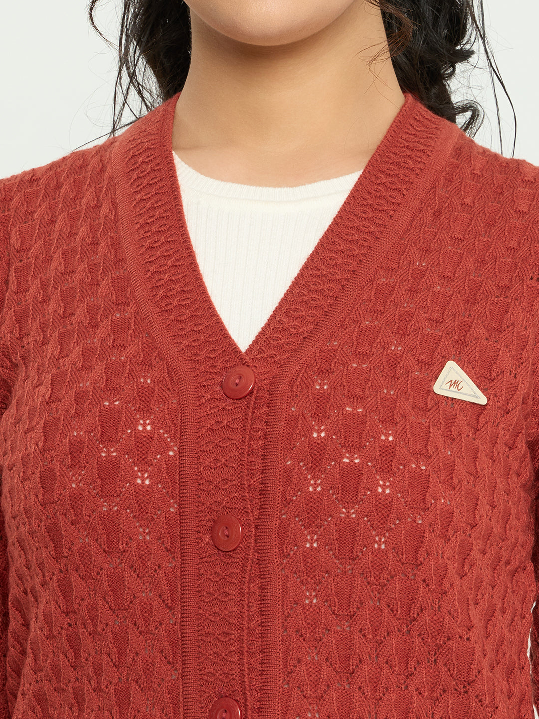 Women Rust Self Design V Neck Full Sleeve Cardigan