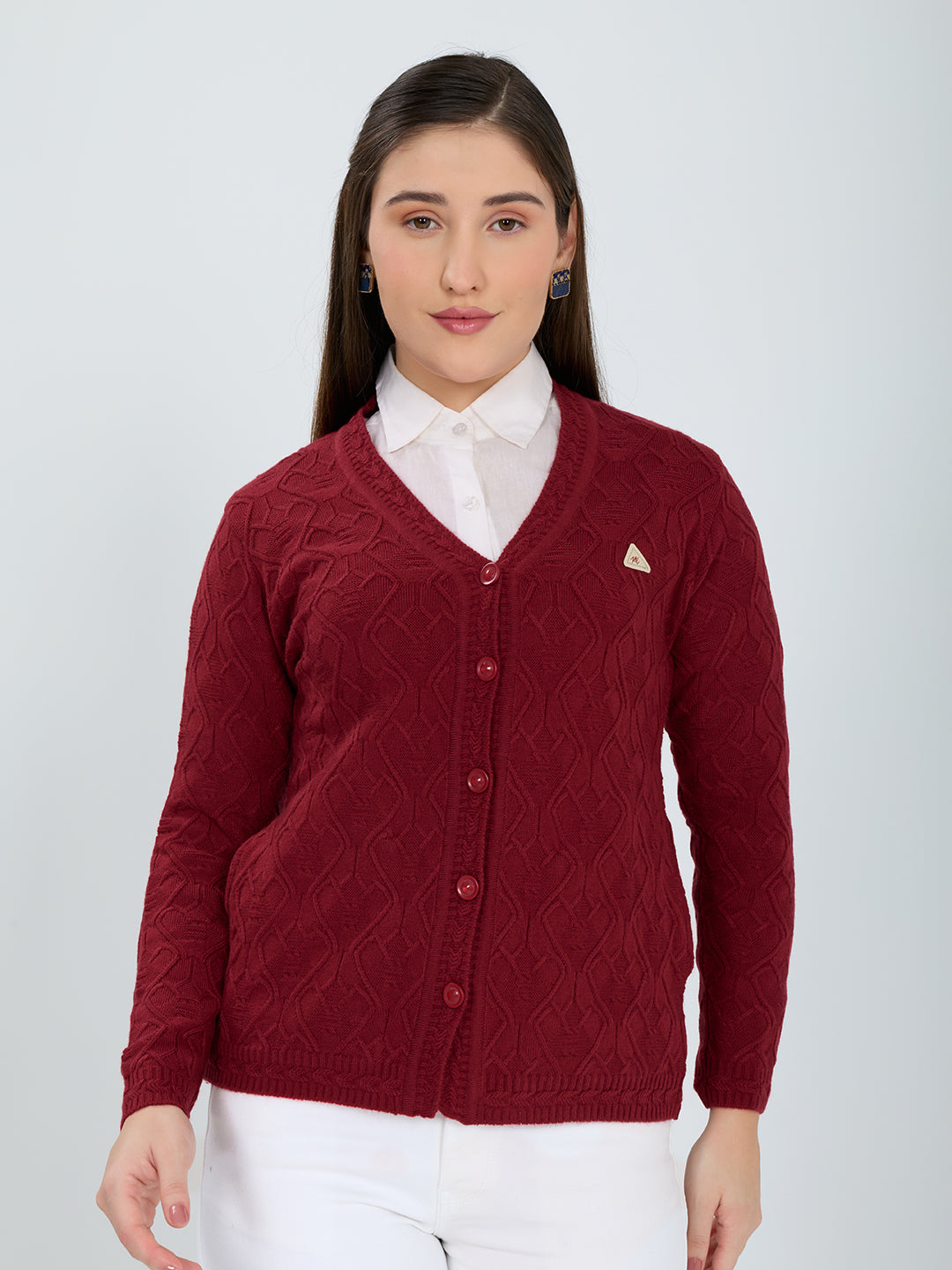 Women Red Self Design V Neck Full Sleeve Cardigan
