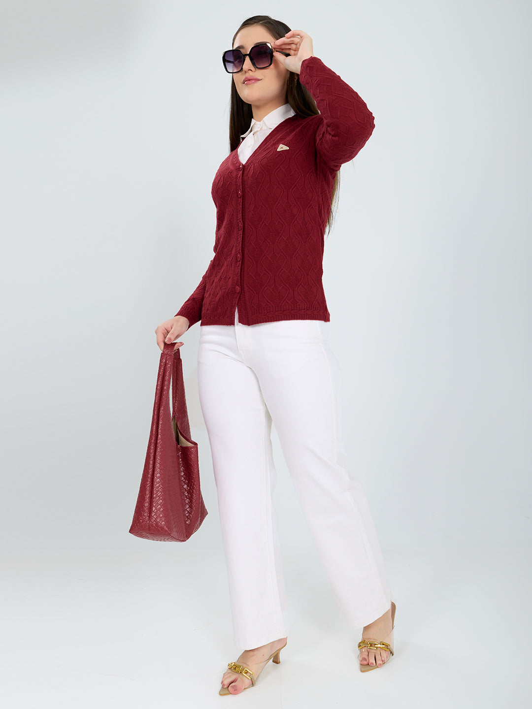 Women Red Self Design V Neck Full Sleeve Cardigan
