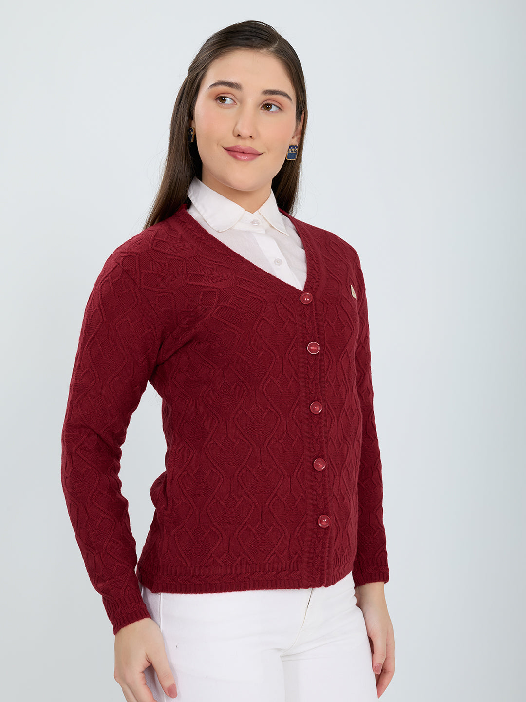 Women Red Self Design V Neck Full Sleeve Cardigan