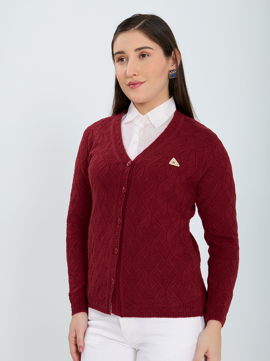 Women Red Self Design V Neck Full Sleeve Cardigan