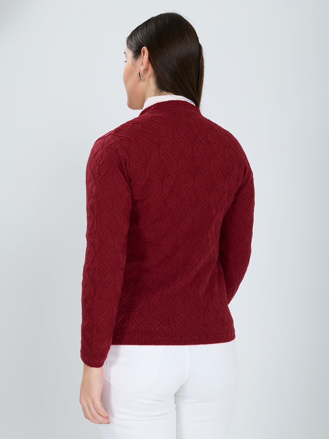 Women Red Self Design V Neck Full Sleeve Cardigan