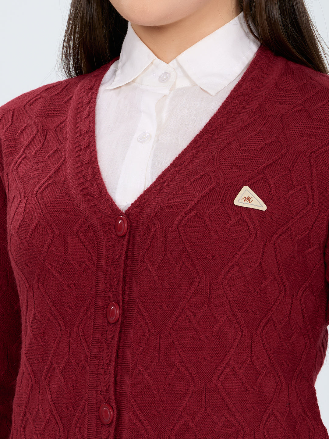 Women Red Self Design V Neck Full Sleeve Cardigan