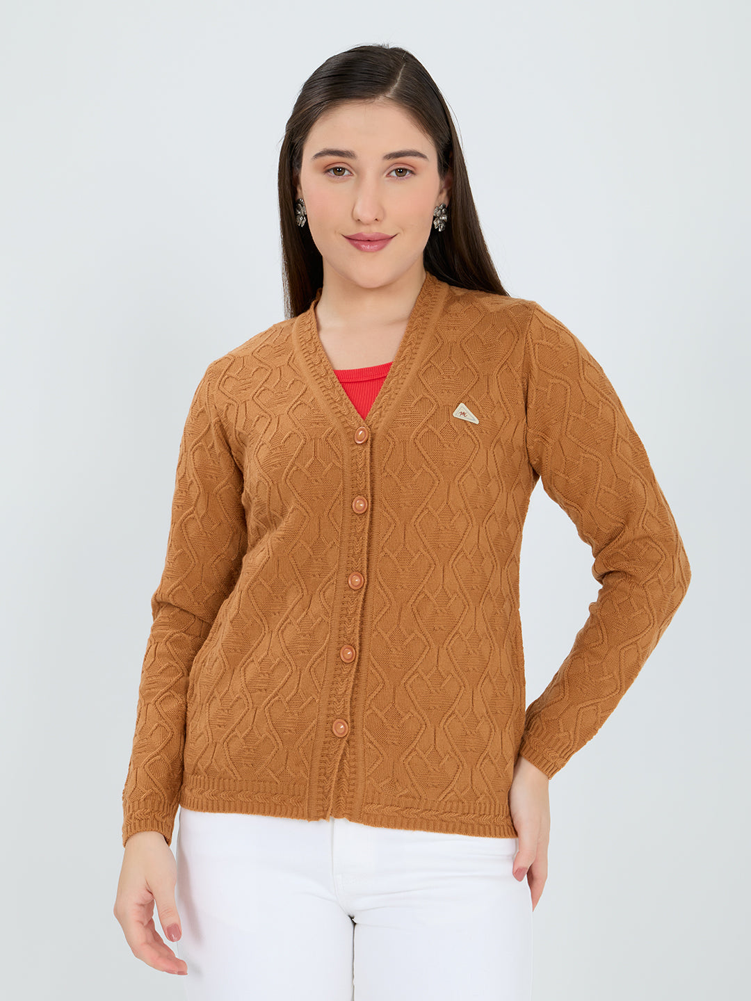 Women Mustard Self Design V Neck Full Sleeve Cardigan