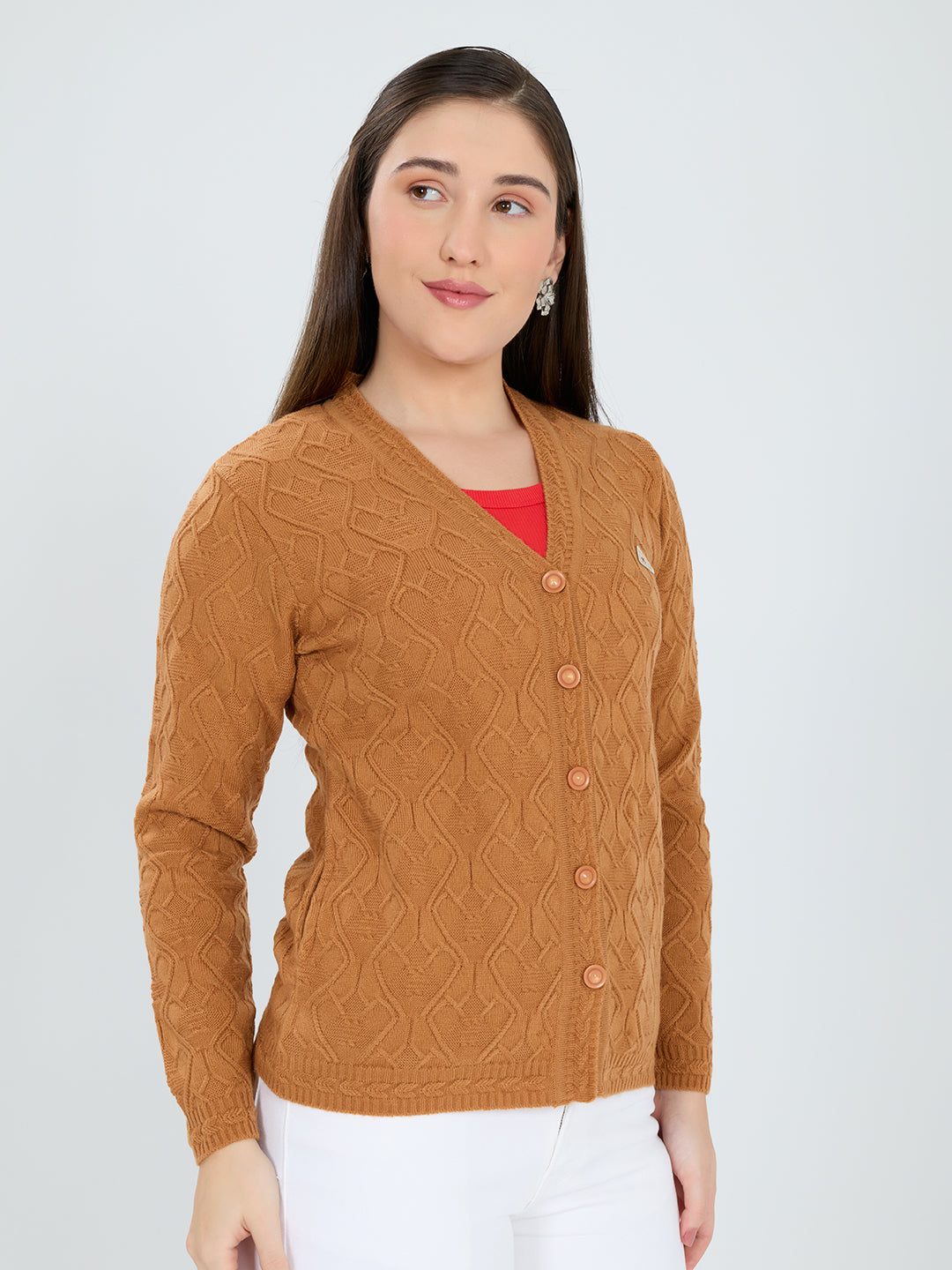 Women Mustard Self Design V Neck Full Sleeve Cardigan