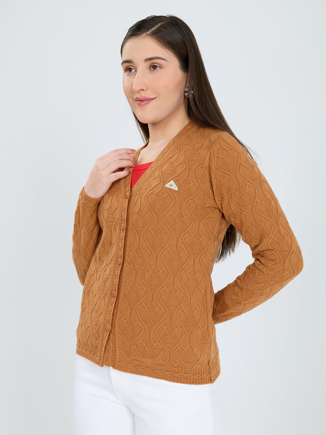 Women Mustard Self Design V Neck Full Sleeve Cardigan