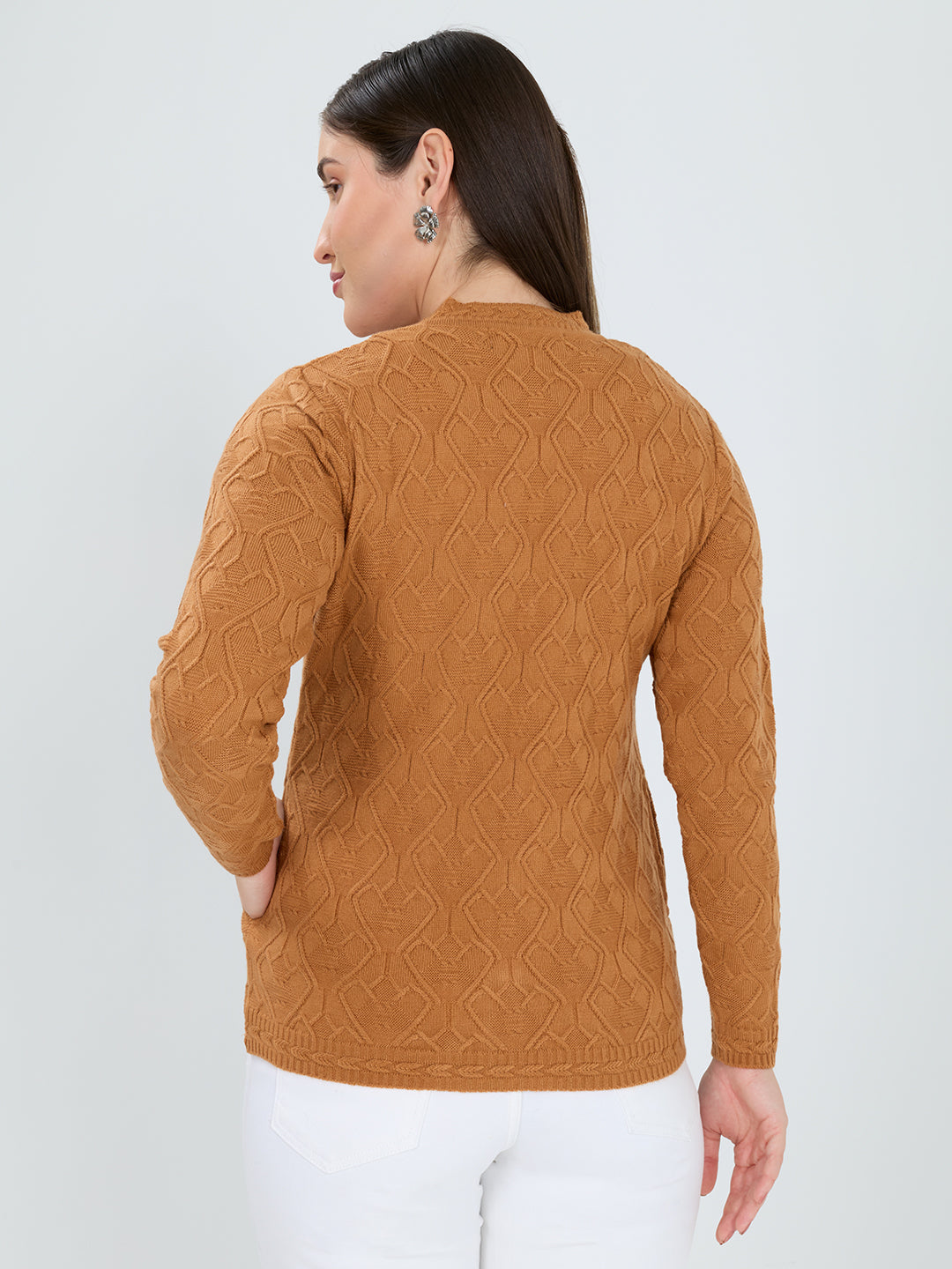 Women Mustard Self Design V Neck Full Sleeve Cardigan