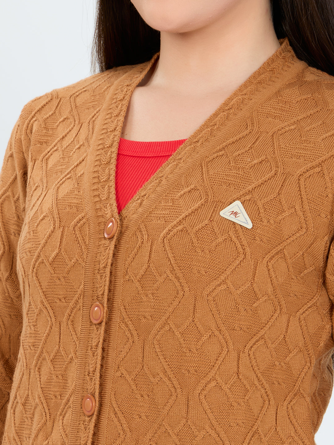 Women Mustard Self Design V Neck Full Sleeve Cardigan