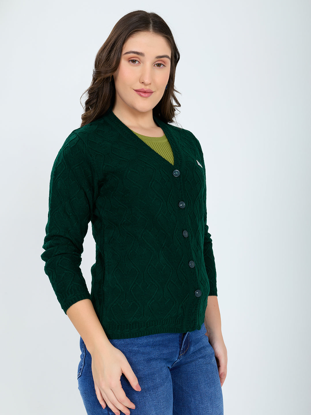 Women Green Self Design V Neck Full Sleeve Cardigan