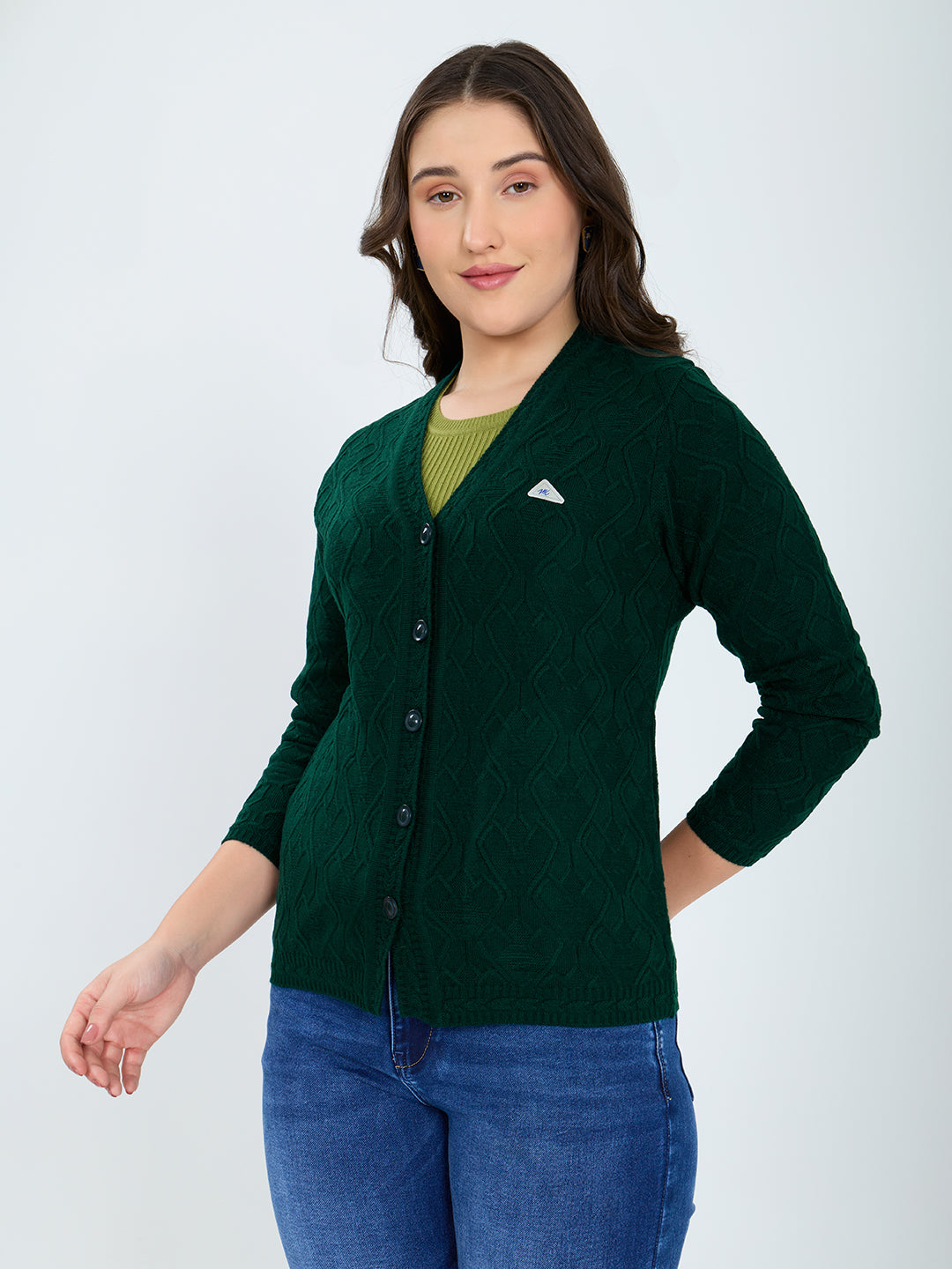 Women Green Self Design V Neck Full Sleeve Cardigan