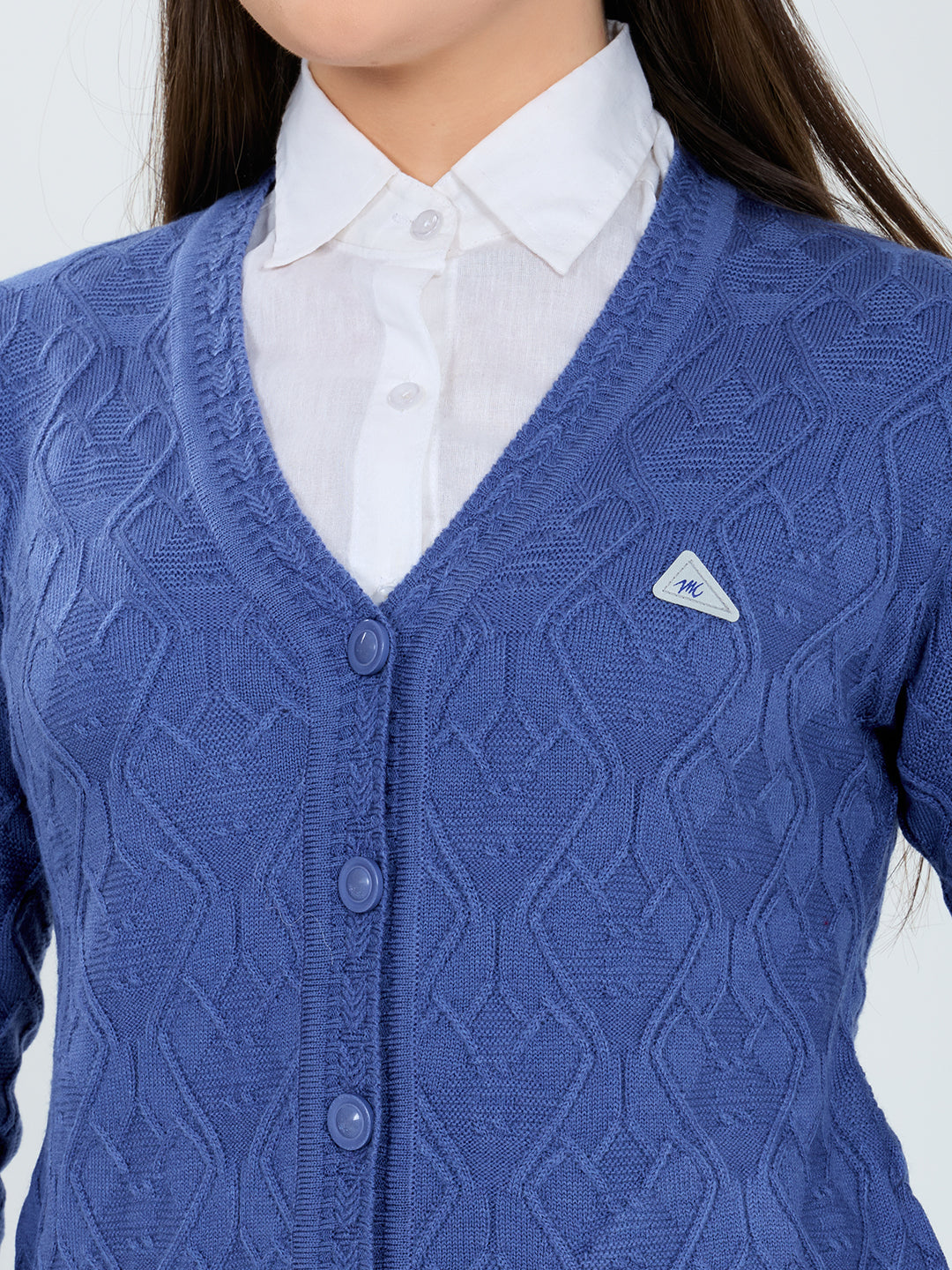 Women Blue Self Design V Neck Full Sleeve Cardigan