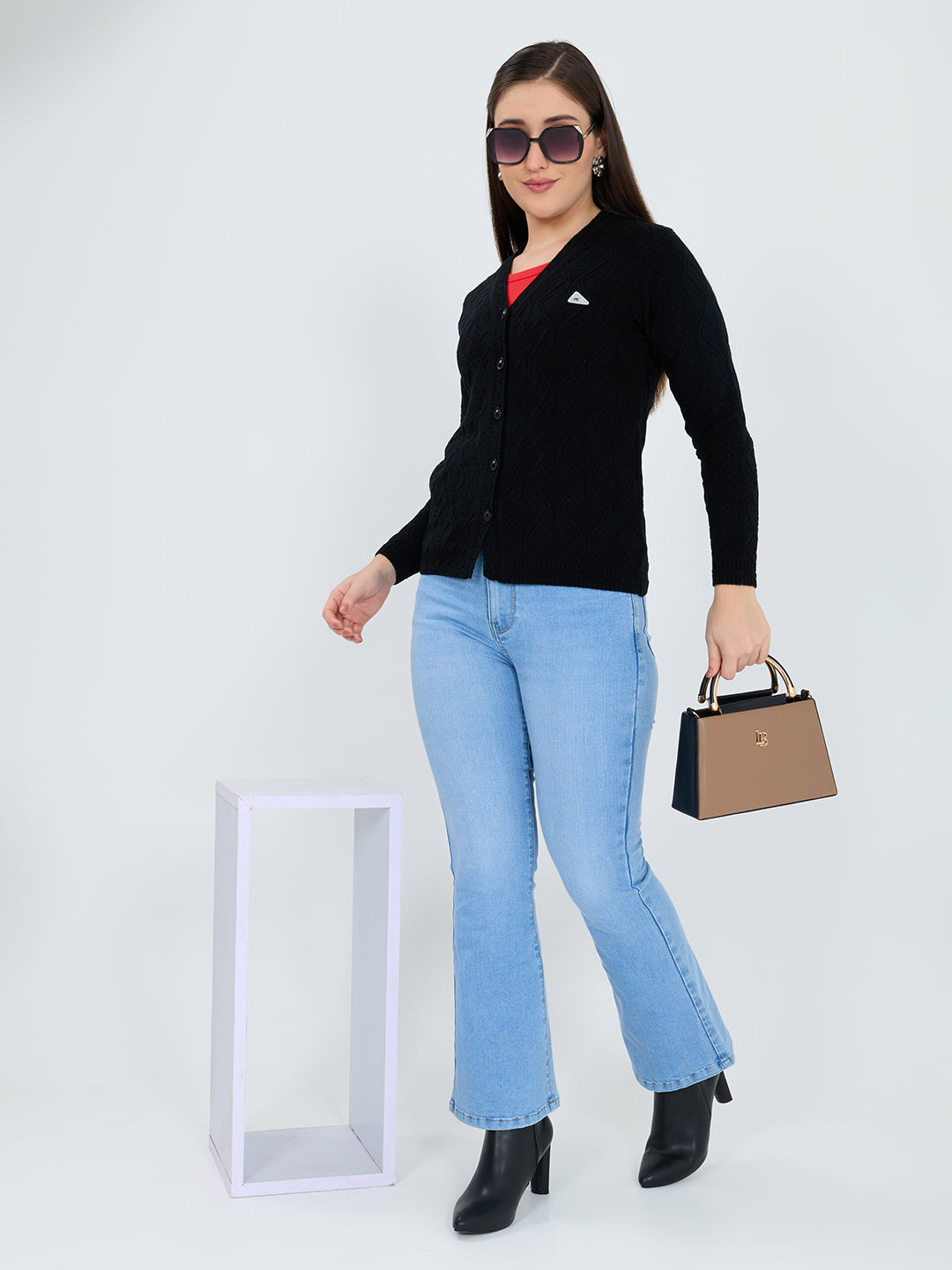 Women Black Self Design V Neck Full Sleeve Cardigan
