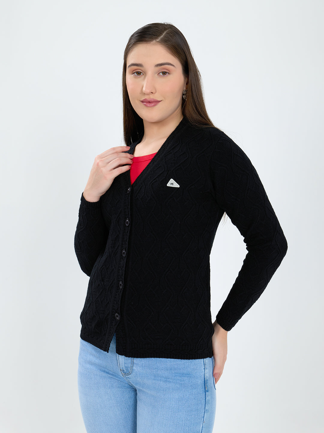 Women Black Self Design V Neck Full Sleeve Cardigan