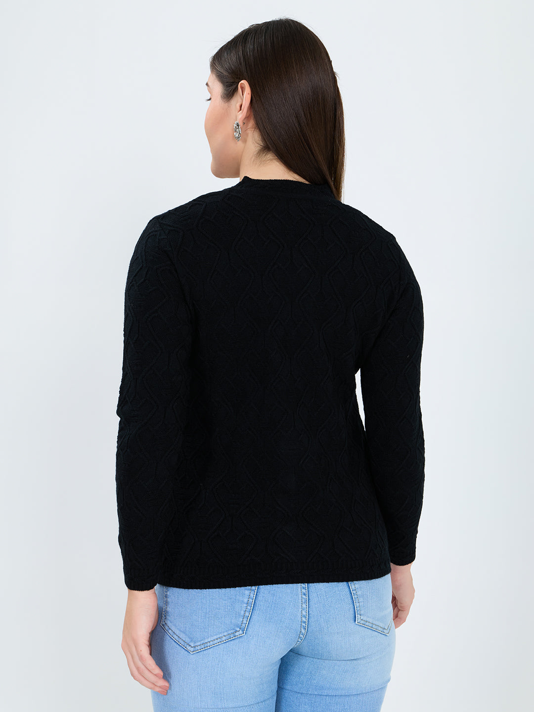Women Black Self Design V Neck Full Sleeve Cardigan
