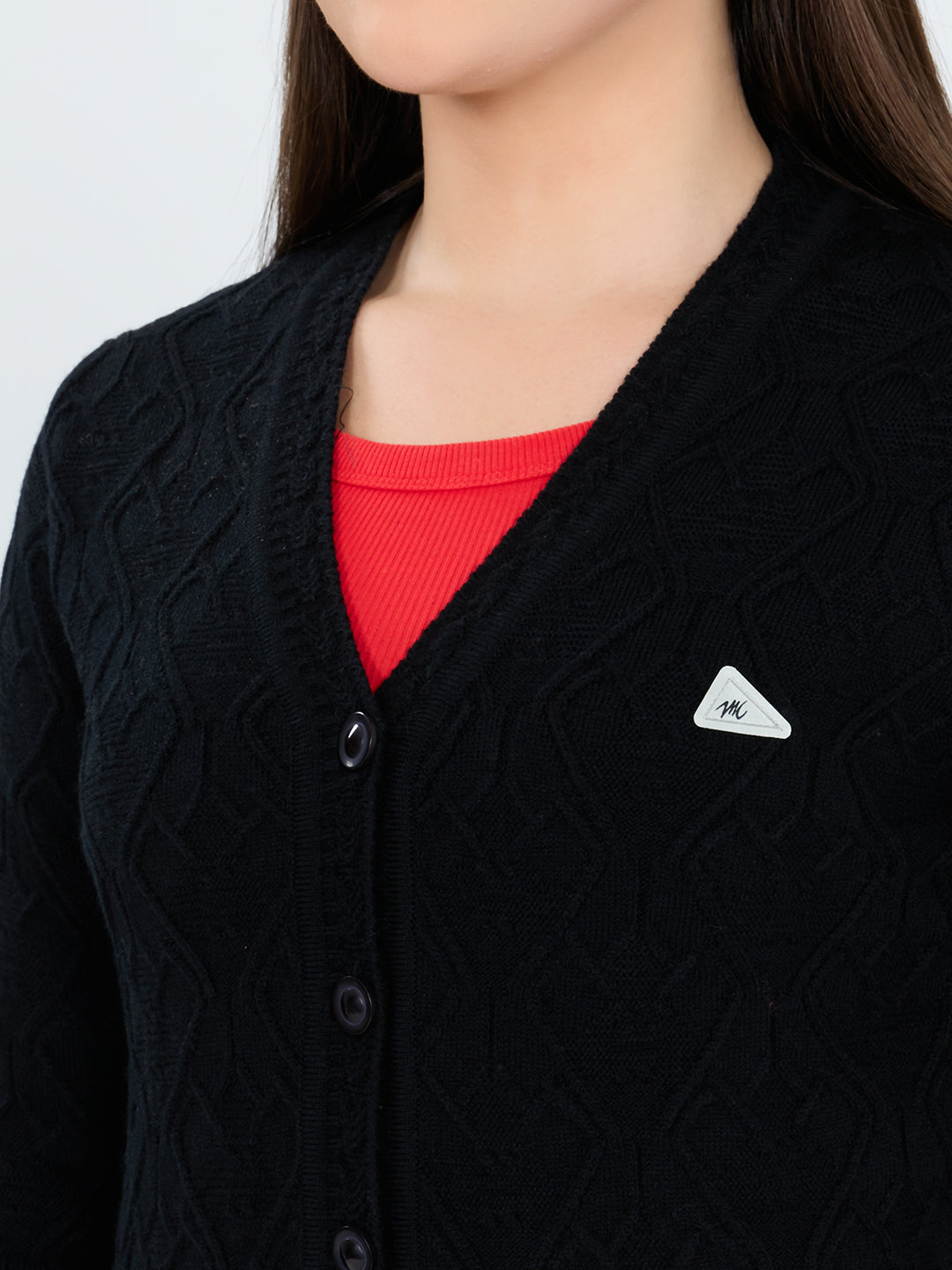 Women Black Self Design V Neck Full Sleeve Cardigan