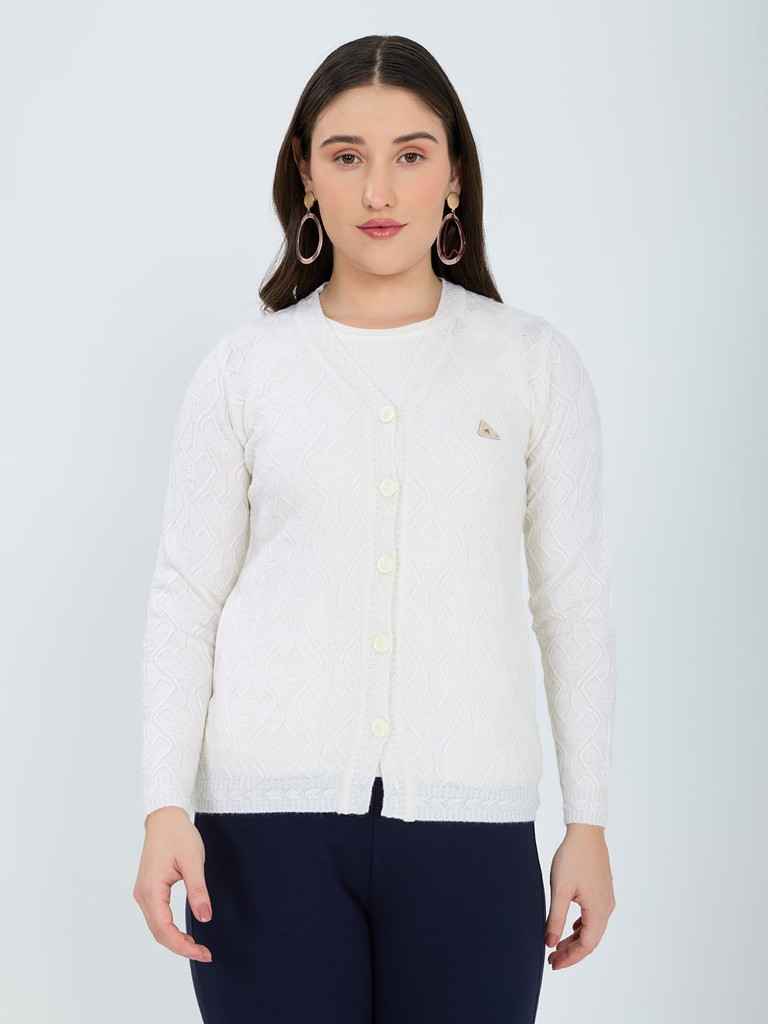 Women White Self Design V Neck Full Sleeve Cardigan