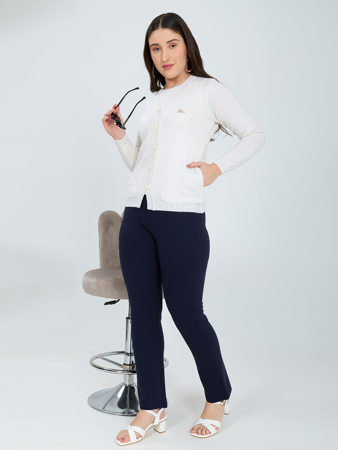 Women White Self Design V Neck Full Sleeve Cardigan