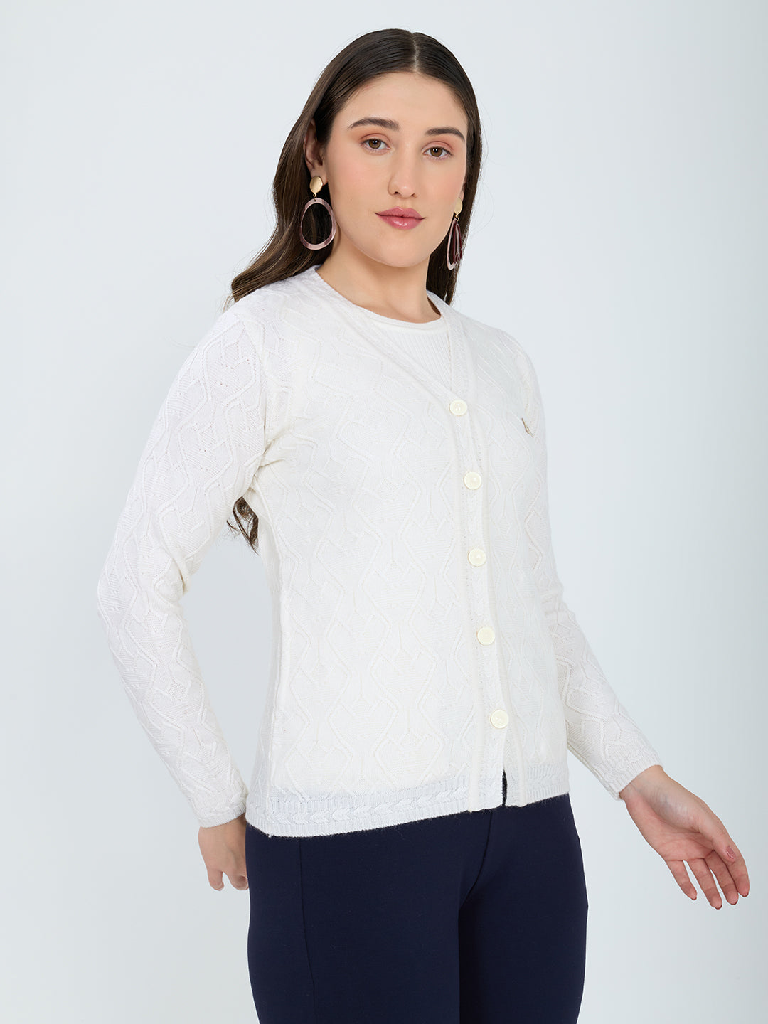 Women White Self Design V Neck Full Sleeve Cardigan