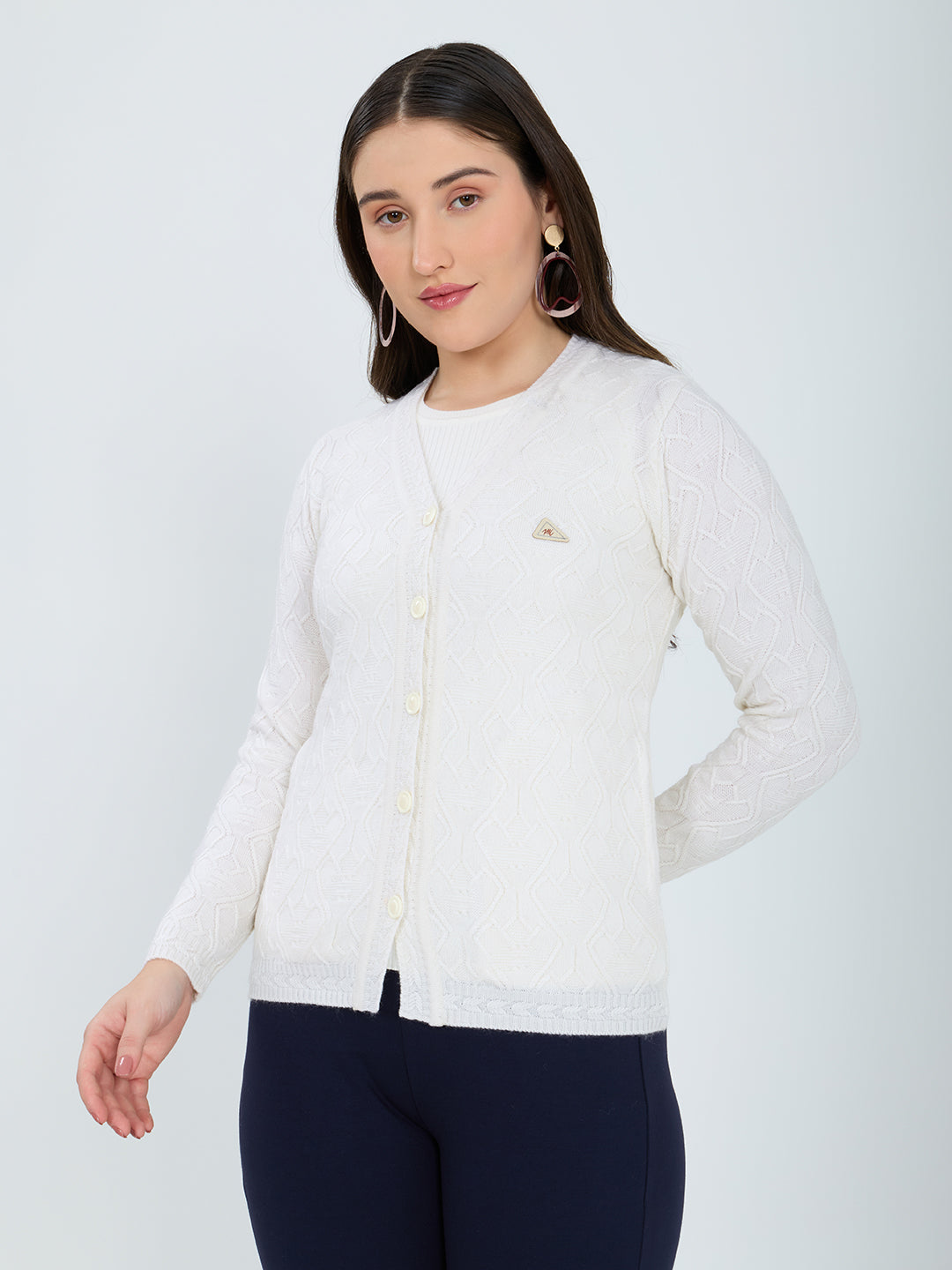 Women White Self Design V Neck Full Sleeve Cardigan