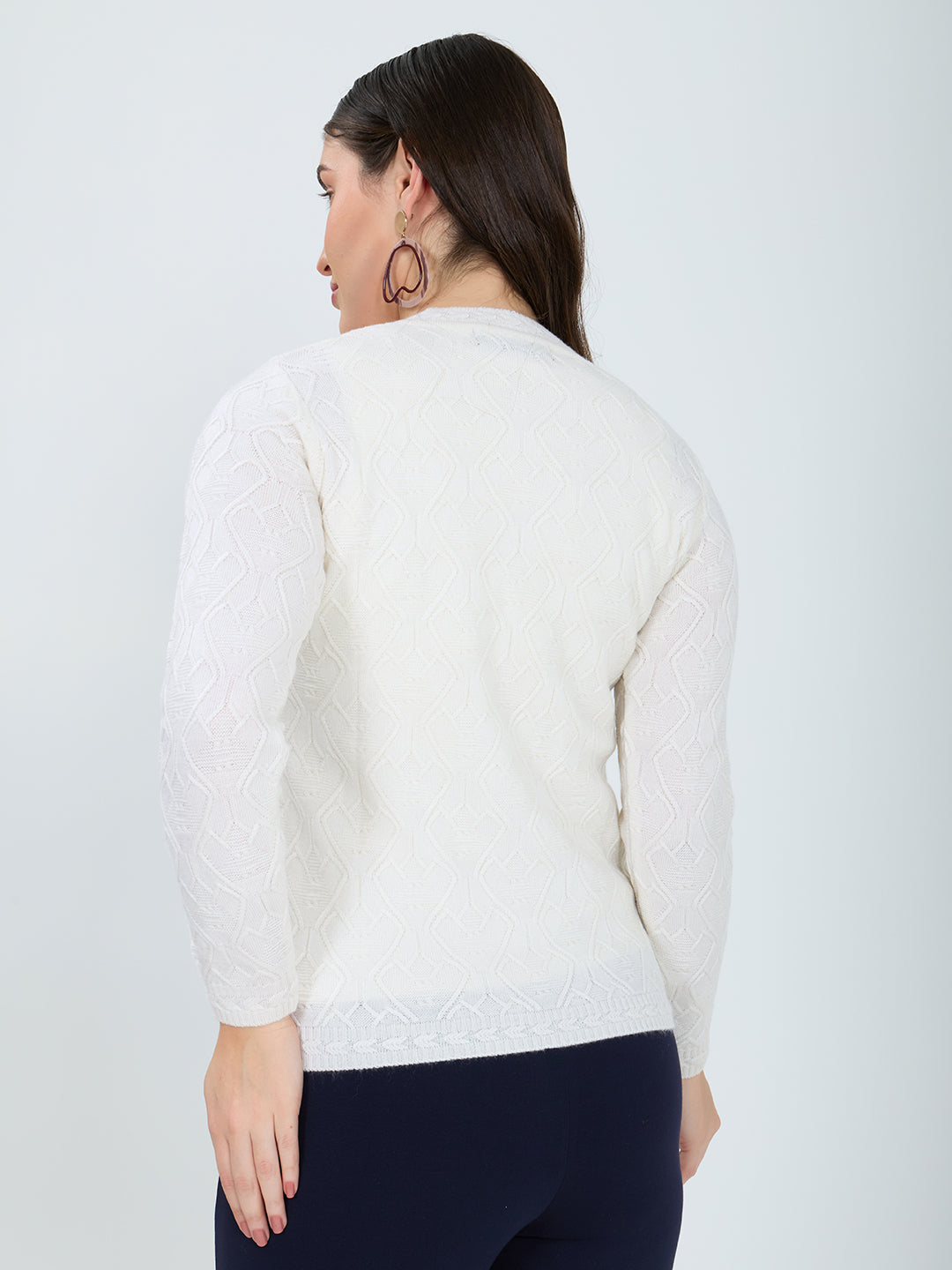 Women White Self Design V Neck Full Sleeve Cardigan