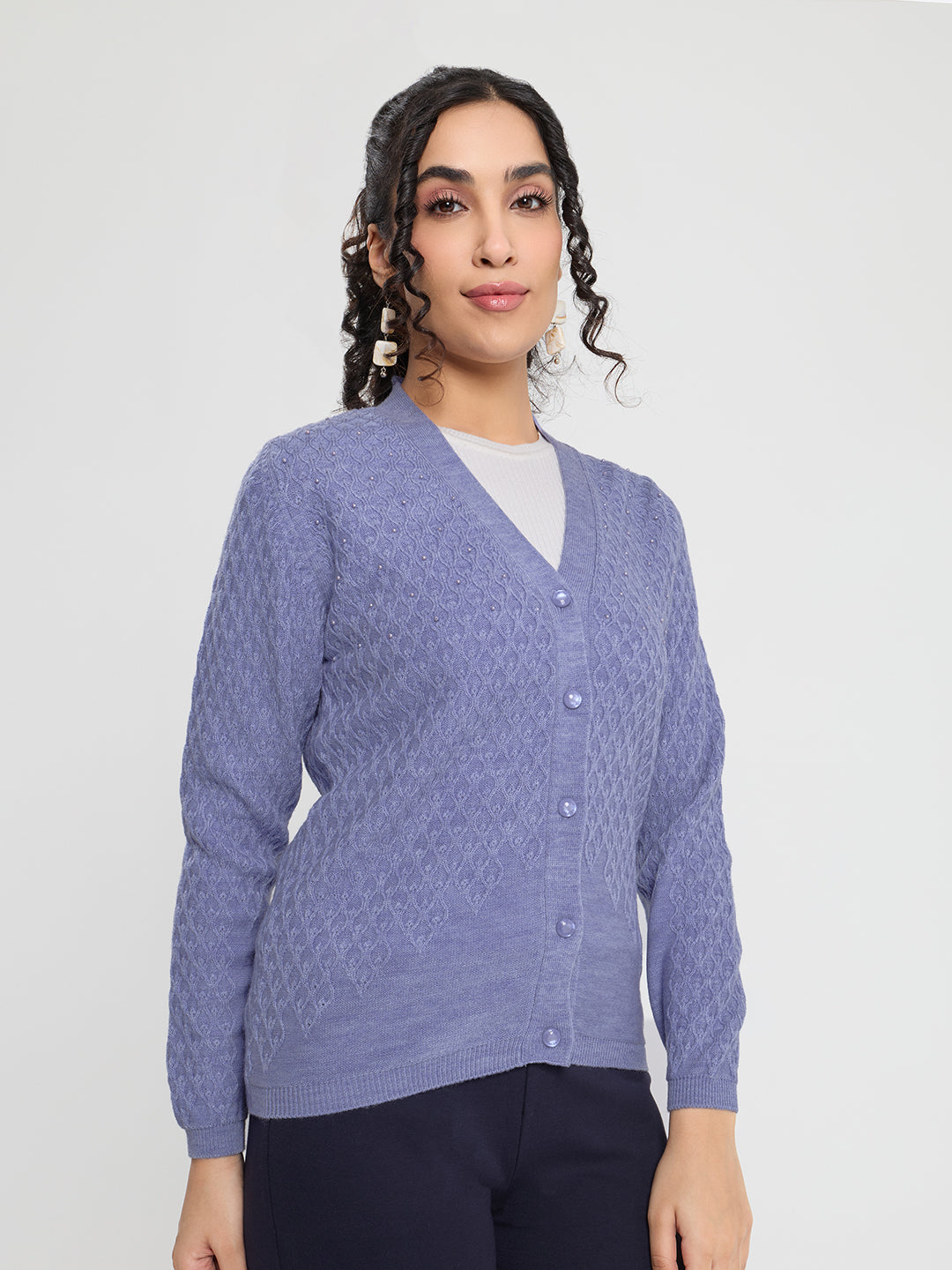 Women Purple Self Design V Neck Full Sleeve Cardigan