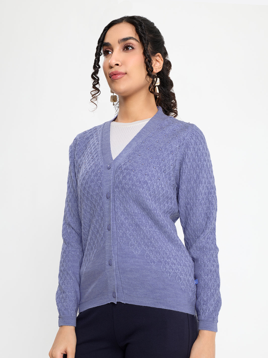 Women Purple Self Design V Neck Full Sleeve Cardigan