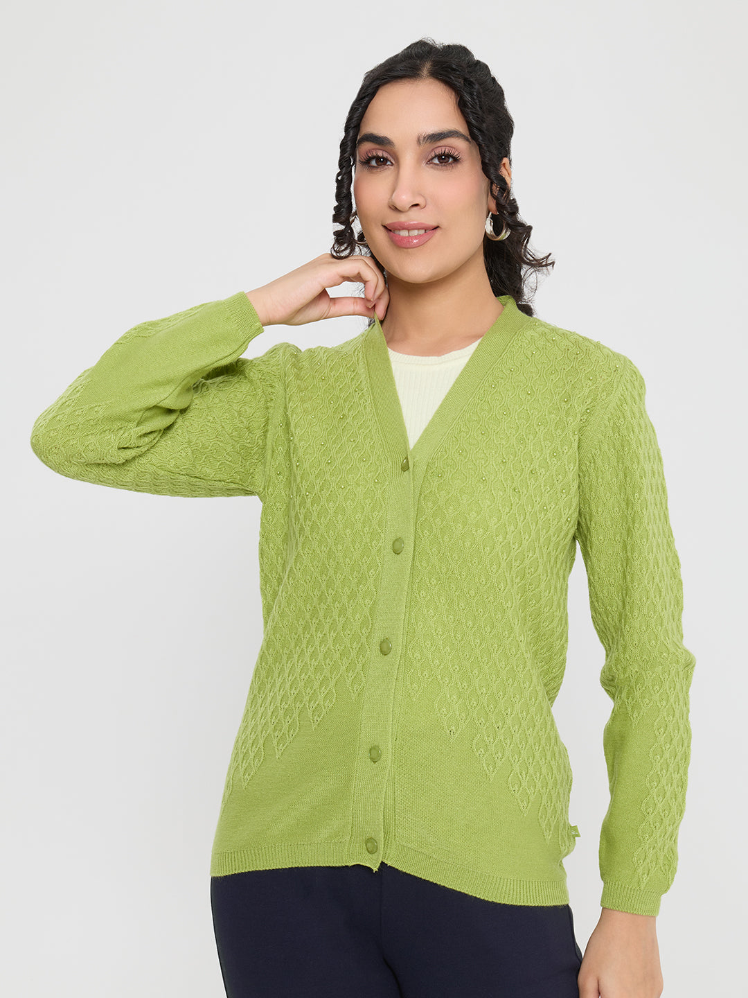 Women Light Green Self Design V Neck Full Sleeve Cardigan