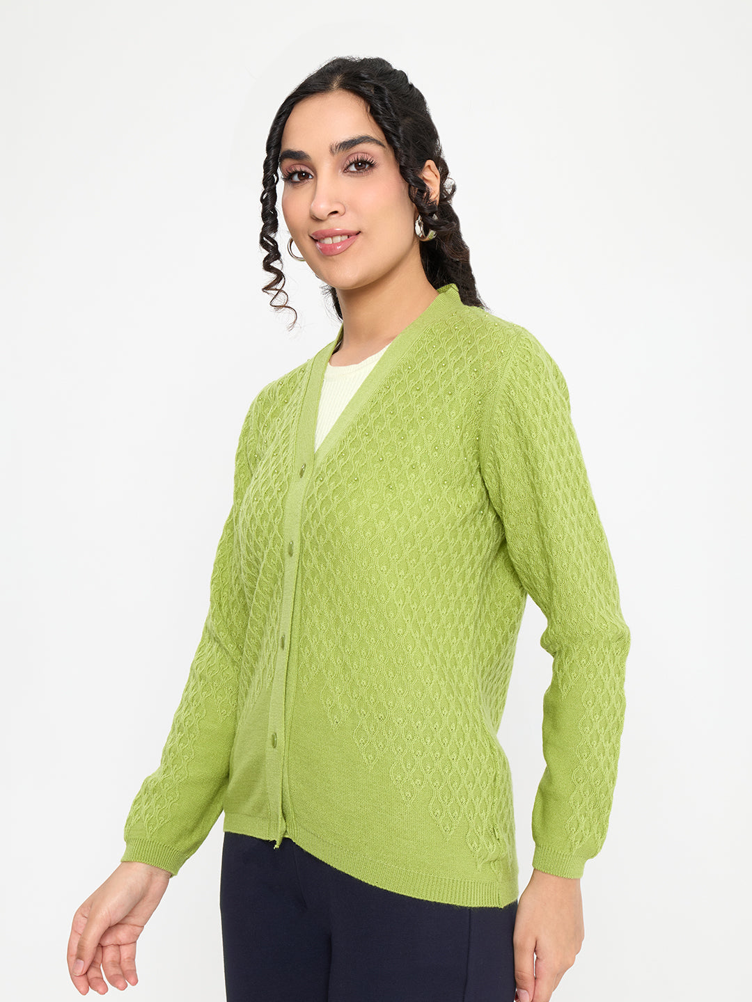 Women Light Green Self Design V Neck Full Sleeve Cardigan
