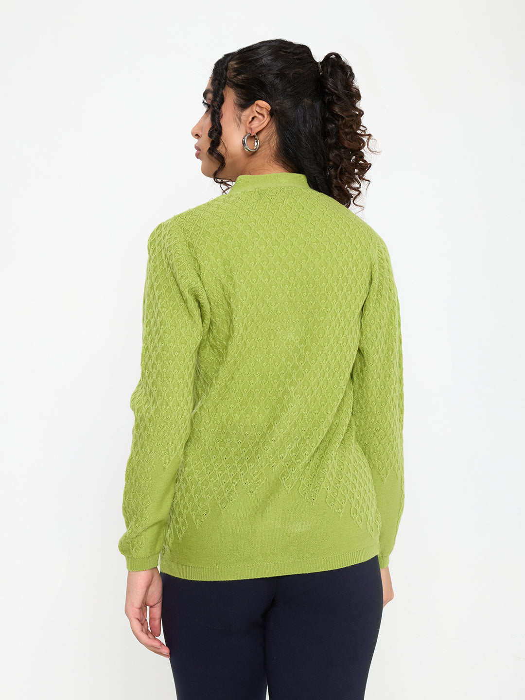 Women Light Green Self Design V Neck Full Sleeve Cardigan