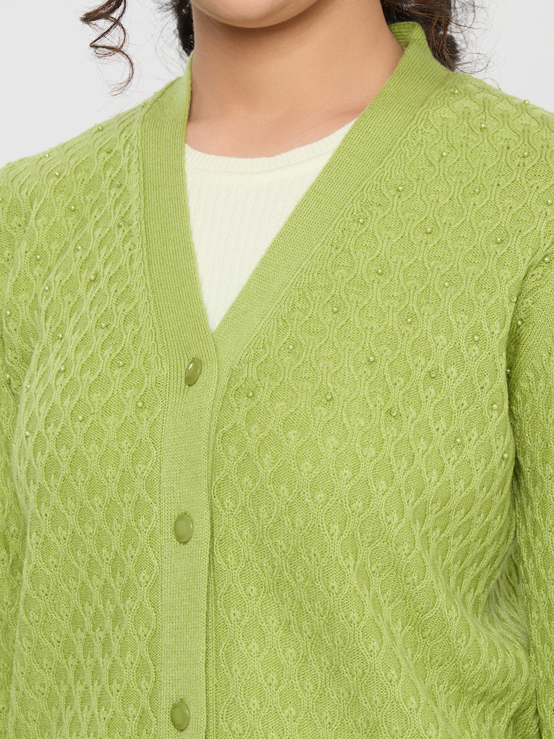 Women Light Green Self Design V Neck Full Sleeve Cardigan