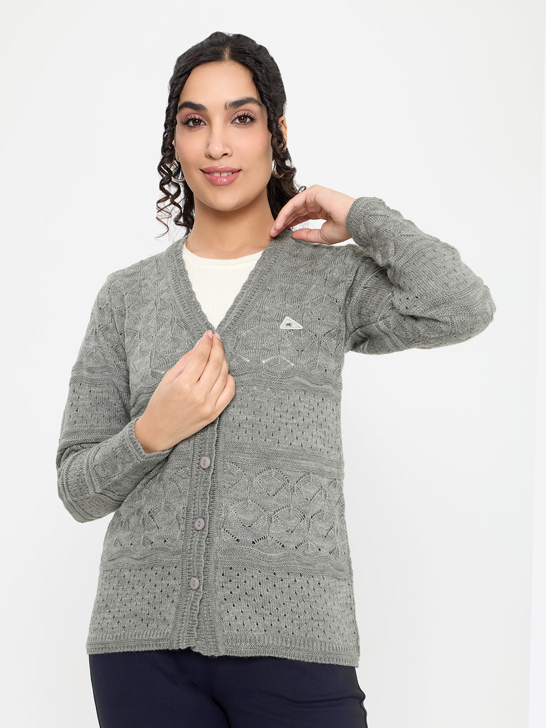 Women Grey Self Design V Neck Full Sleeve Cardigan